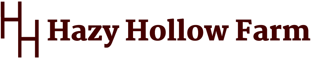 Logo of Hazy Hollow Farm, featuring a modern design with stylized letters and a rustic aesthetic, representing a sustainable farming brand.